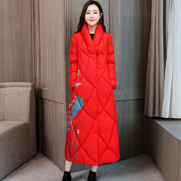 

2021 new mode female winter retro prints are fine woman parkas mid-length ethnic cotton wool on the knee coat bxn5, Black