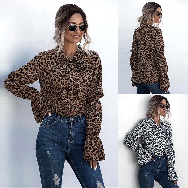 

women's blouse vintage v-neck leopard print lantern long sleeve casual shirt, White
