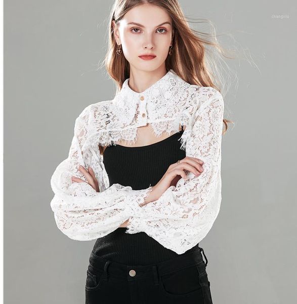 

long sleeve crop women hollow out lace shirts girls womem white black lace 1