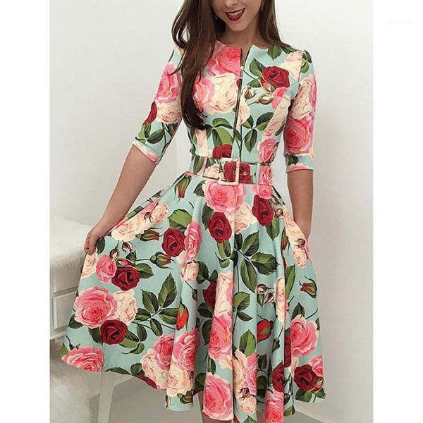 

casual dresses summer dress 2021 women elegant zipper belted pleated midi boho floral printed1, Black;gray