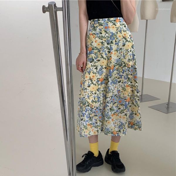 

skirts vintage summer floral print women high waist a-line long elegant beach boho jupe femme1, Black