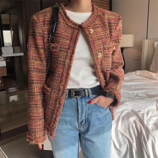 

tweed женские куртки мода повседневные карманы потертый отделку пальто ретро уплотнительное вырезы с длинным рукавом femme осень зима верхня, Black