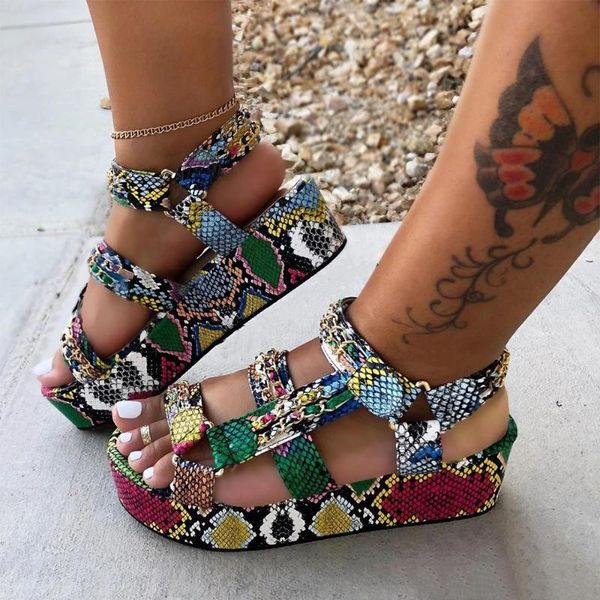 

dress shoes woman casual flat platform colorful female beach sandals summer women gladiator ladies buckle strap snake print, Black