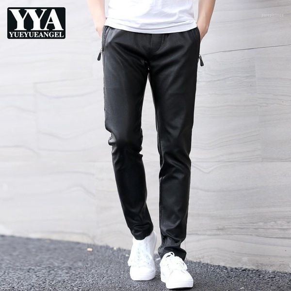 

mens elastic waist pu leather harem pants straight casual streetwear slim fit trousers male big size faux leather black pants1