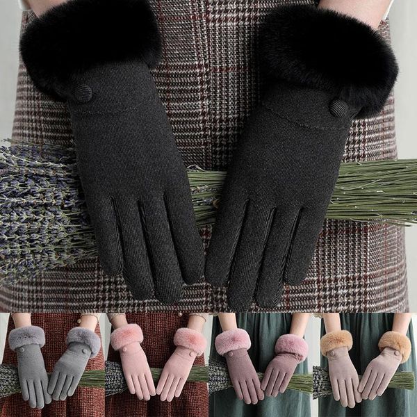 

five fingers gloves 1 pair touch screen outdoor cycling winter solid color faux fur plus velvet inside thicken warm mittens full finger, Blue;gray