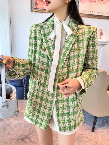 

2019 new green&white elegant sweet warm weaving plaid women woolen coat1, Black