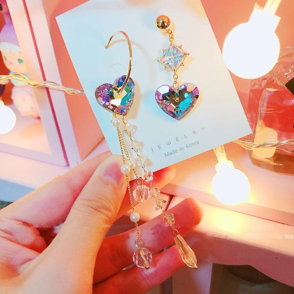 

dangle & chandelier mengjiqiao korean asymmetric heart crystal long drop earrings for women elegant luxury temperament oorbellen jewelry gif, Silver