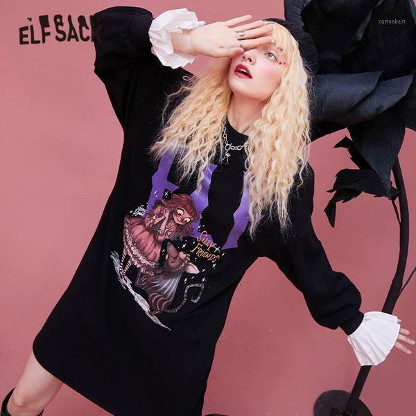 

casual dresses elfsack x neimy graphic sweatshirt dress women,2021 autumn elf patchwork vintage flare sleeve korean ladies daily dress1, Black;gray