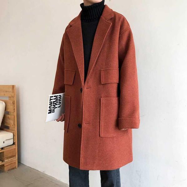 

woolen coat men's winter fashion solid color handsome windbreaker men's slim jacket mid-length jacket1, Black