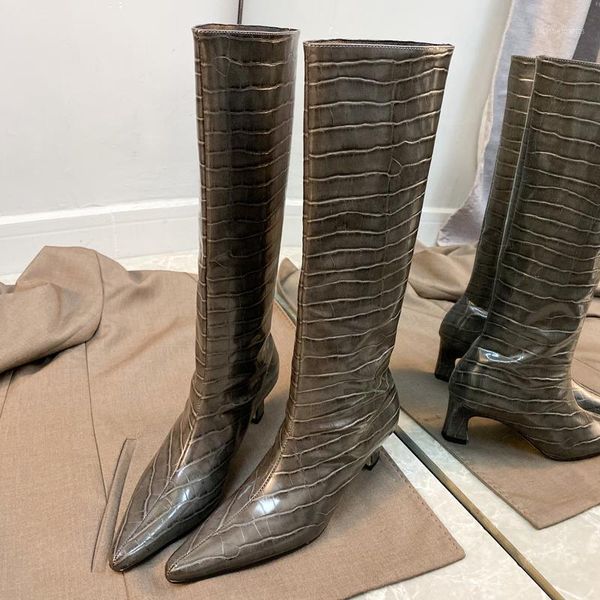 

women lady black gray python poined toes zipper square heel high heels shoes western long boots over knee boots pumps1