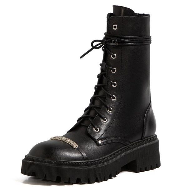 

мода женщины короткие загрузочный 2020 новый зимний раунд cross ремень casual шнуровка толстые каблуки martin загрузочный rider женщины боти, Black