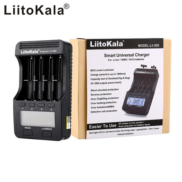 Liitokala lii-500 carregador de bateria inteligente 4 slots LCD Display para 18650 26650 16340 18350 3,7V 1,2V Ni-MH Ni-CD Baterias recarregáveis de Íons de Li Capacidade da bateria da bateria da bateria