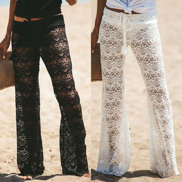 

women's beach lace crochet bikini cover up swimwear transparent long pant trousers, White;black