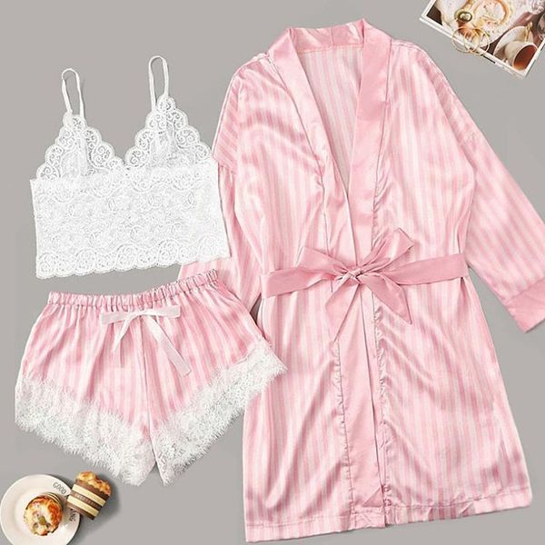 

long sleeve womens pajamas lace lingerie nightwear underwear sleepwear 3pc suit pajama sets for women stripe sleepwear1, Black;red