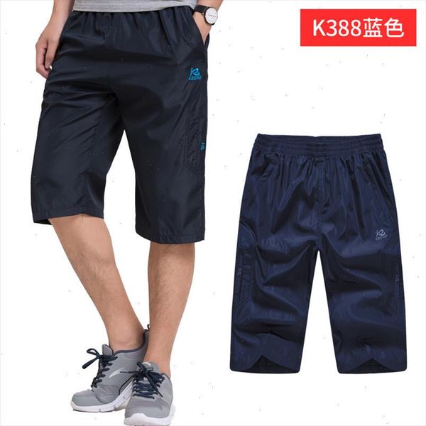 

2021 men summer breathable pants bermuda solid color elastic waist knee length male breathable beach pants with pocket zippers, Black