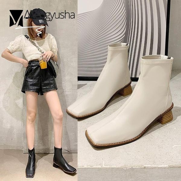

wood heel stretch slim ankle boots women solid back zipper pu skinny botas chunky med high heels square toe riding bottes femme, Black