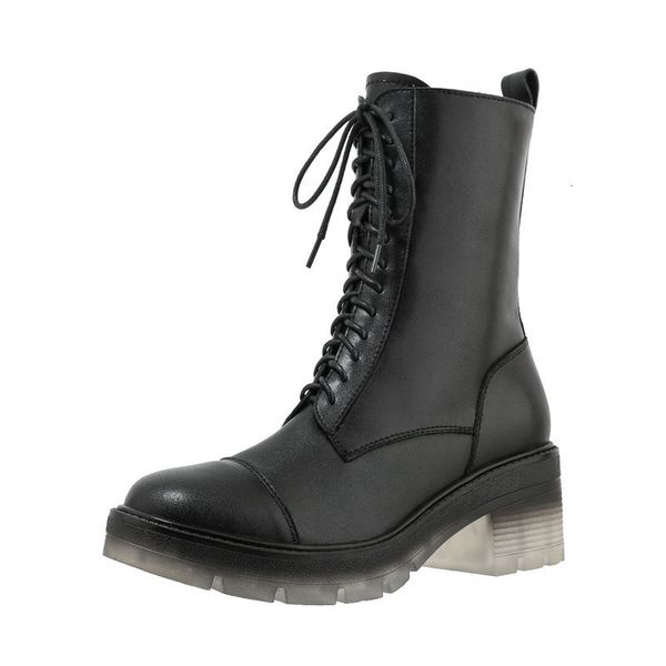 

2021 new genuine leather lace up ladies boots elegant round toe high heels pumps winter party shoes woman ksqr, Black