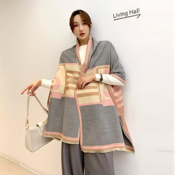 

scarves style winter soft stripe tassels beach towel fashion autumn thick two-sided cashmere scarf lady wool keep warm shawl, Blue;gray
