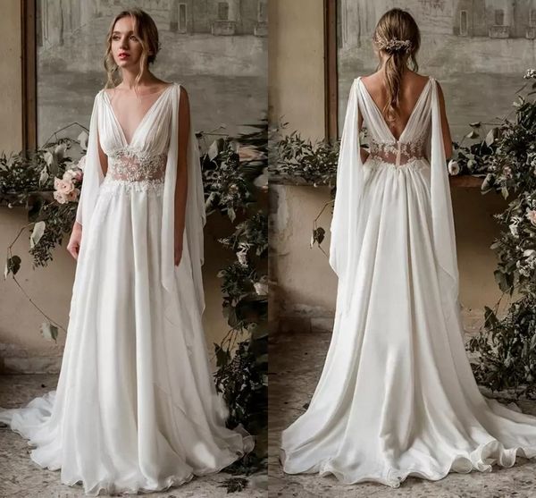 Fabuloso Chiffon Uma linha Vestidos de casamento de praia profunda V Neck Lace Applique Beads Sexy Backless Long Wraps Cabo Boho Jardim Vestido Noiva Varredura Train Robes de Mariée Al9865