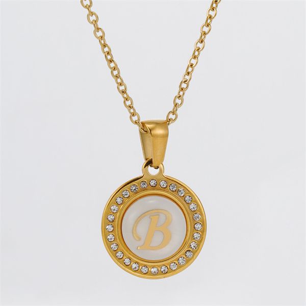 Script de ouro 26 letras maiúsculas iniciais A a Z Alfabeto Charme pingente de aço inoxidável nome personalizado colar redondo com corrente de cristal branco para senhora mulheres