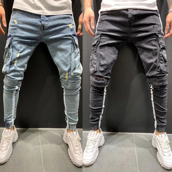 

men's stretch patchwork hip hop jeans trendy knee holes multi-pocket leg opening zipper streetwear, Blue