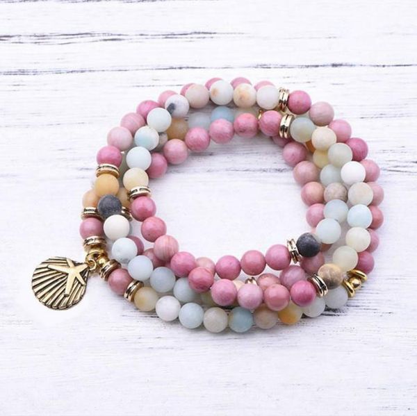 

6/8mm amazonite mahogany stone beads strand charm bracelet & necklace for women men starfish shell design yoga healing bracelet, Golden;silver