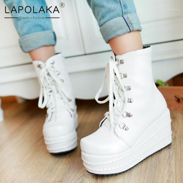 

lapolaka new fashion 2020 big size 43 wedge high heels ankle boots woman shoes zip up platform cross-tied spring autumn boots1, Black