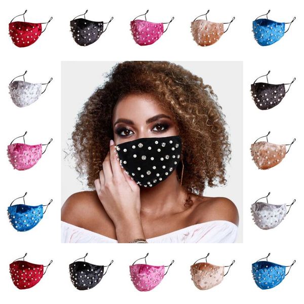 

dhl shipping solid color pearl mask for women girls washable reusable pm2.5 dustproof smog mouth cover rhinestone face mask kimter-l803fa