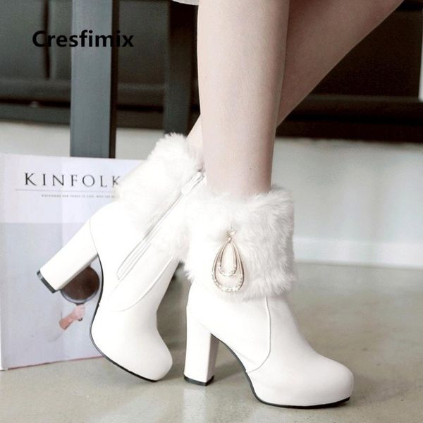 

women sweet party high heel boots lady casual autumn & winter faux fur warm boots female casual white botas e2319, Black