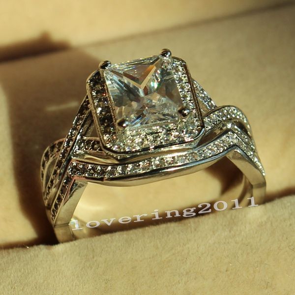 

size 5-11 wholesale jewelry princess cut 5ct diamonique cz simulated diamond white gold filled women wedding band ring christmas set, Silver