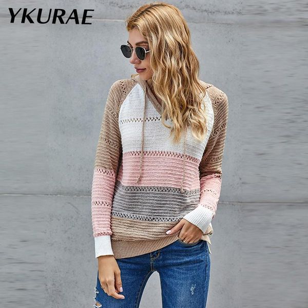 

fashion hooded sweater women autumn winter stitching long sleeve striped knitted pullovers oversize jumpers eu size fl207, White;black