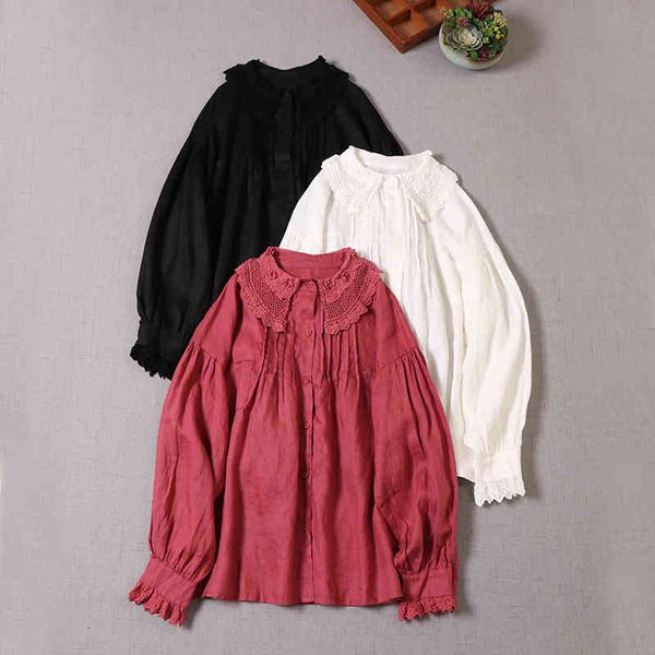 

women's blouses & shirts mori japan style hollow lapel solid long sleeve casual shirt women single breasted female nwm921-821 i6hi, White