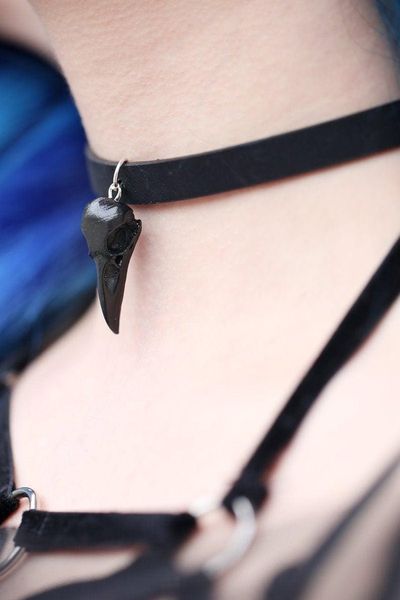 

mini raven skull black leather necklace resin crow steampunk gothic witch halloween men women bird, Golden;silver
