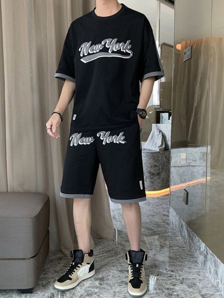 

men letter graphic contrast trim tee & patch detail shorts set r1yf#, Gray