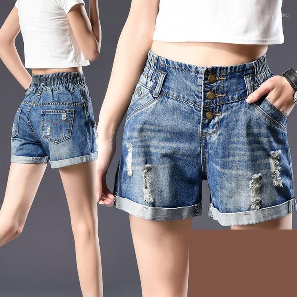

new arrival summer super large button high waist girls jeans slim korean thin fashion elastic cotton female shorts size 26-38 401, Blue