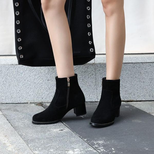 

boots big size 9 10 11-19 women shoes ankle for ladies woman winter suede side zipper thick heel, Black