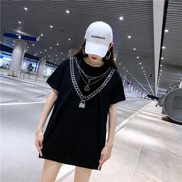 

short sleeve shirt women streetwear diamonds rhinestone chains tshirt women slim outdoor loose t shirt youth casual ins style1, White