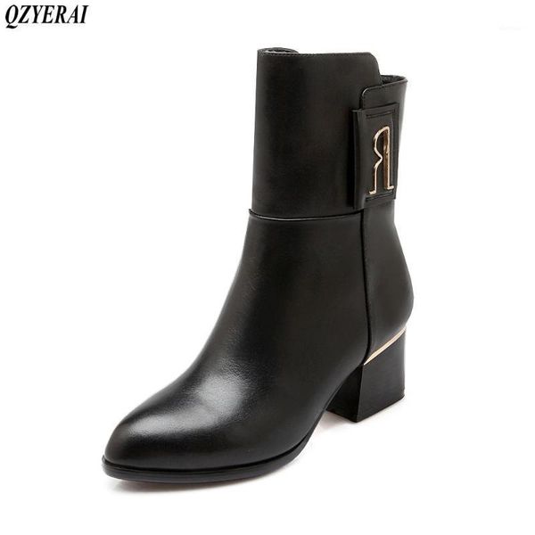 

qzyerai 2020 new stylish ankle boots 100% cowhide thick heels pointed, boots women's shoes sizes 34-421, Black