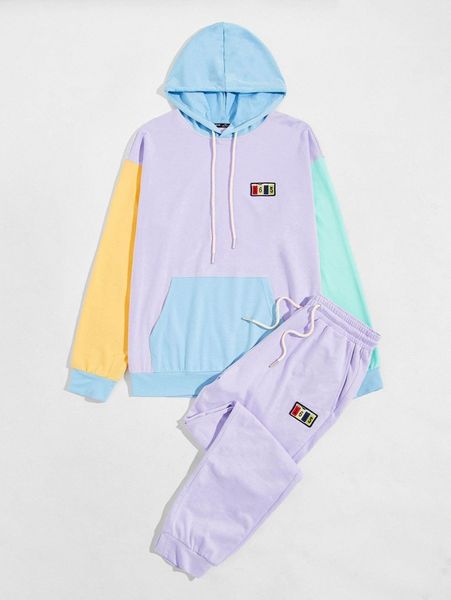 

men drop shoulder patched detail colorblock hoodie & joggers set z1ai#, Gray