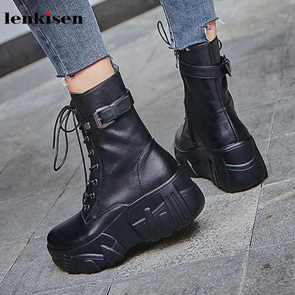 

boots lenkisen platform genuine leather belt buckle round toe high heels lace up side zipper winter warm women ankle l421, Black
