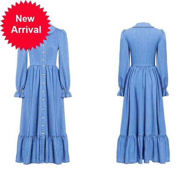 

2021 new design of the brand vintage single autumn breasted a-line dressed in sleeve tall waist long thin denim blue dress olcm, Black;gray