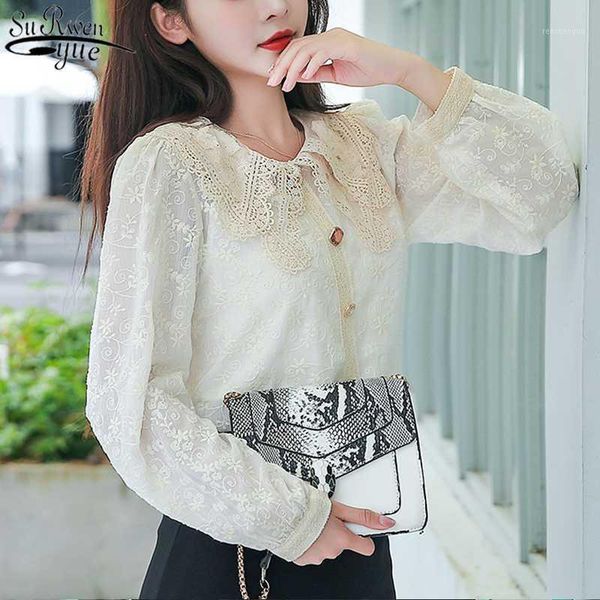 

2020 autumn new korean clothes lace latern long sleeve slim women's shirts cotton vintage lace elegant women's blouse 110561, White