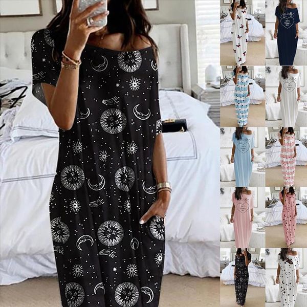 

women daily short sleeve moon print casual inclined shoulder maxi dress sleeveless beach floarl print maxi dress sundress, Black;gray