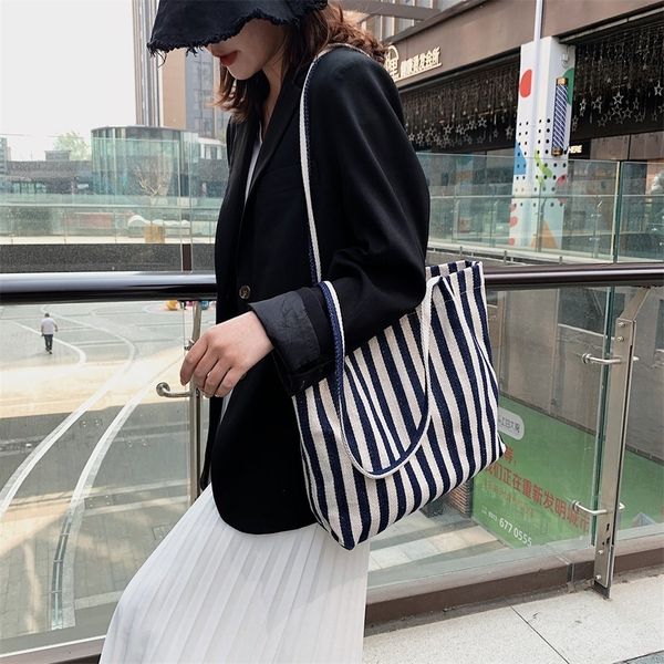 

foldable reusable shopping travel bags women shoulder bag stripe high capacity canvas tote ladies pure hand bag