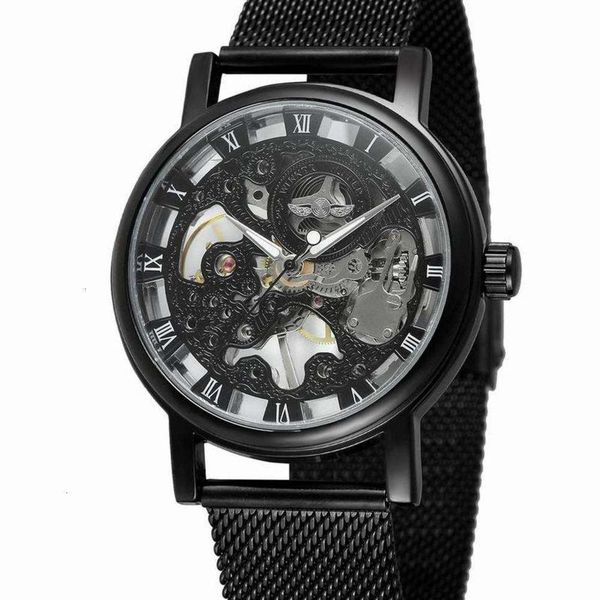 

men's mechanical ultra thin t-winner manual watch hollow transparent black mesh belt, Slivery;brown