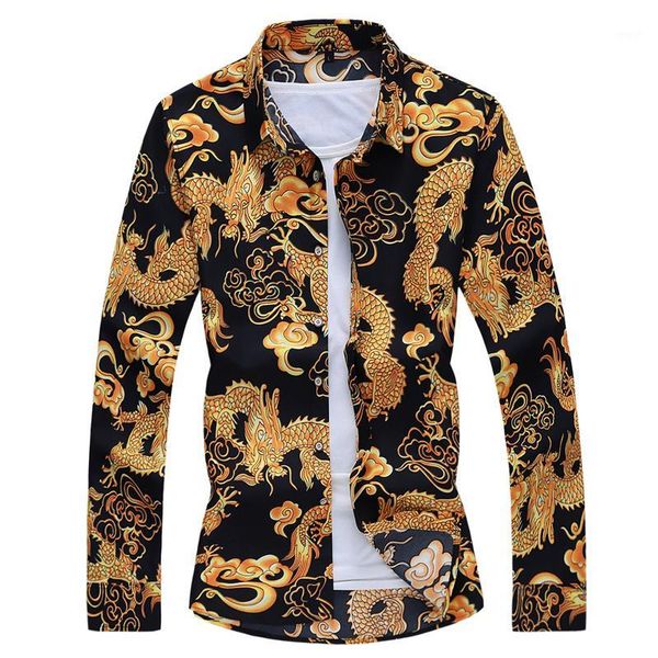 

men's casual shirts 2021 autumn spring clothes chinese dragon shirt men long sleeves blouse big size 6xl 7xl print hawaiian beach for, White;black
