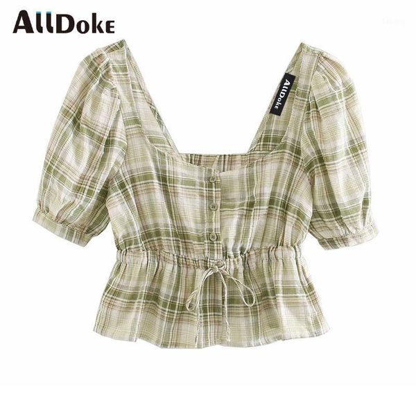 

alldoke green plaid vintage blouse women summer square collar puff sleeve crop shirt ladies casual blouses blusas femme1, White