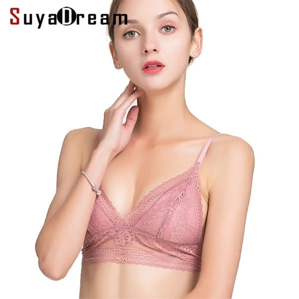 

suyadream women lace bra 100%real silk lining thin padded 3/4 cup bras for girl every bra underwear new black white lj201208, Red;black