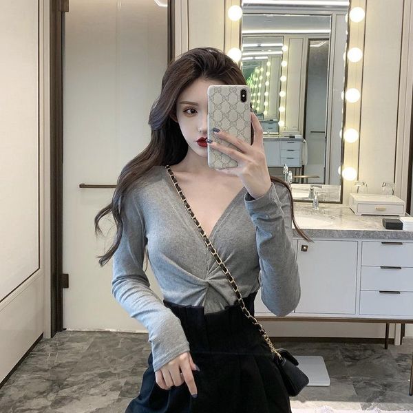

early autumn women's dress 2020 hong kong style long-sleeved t-shirt female slim fit slimming strecth v-neck knot t shirts, White