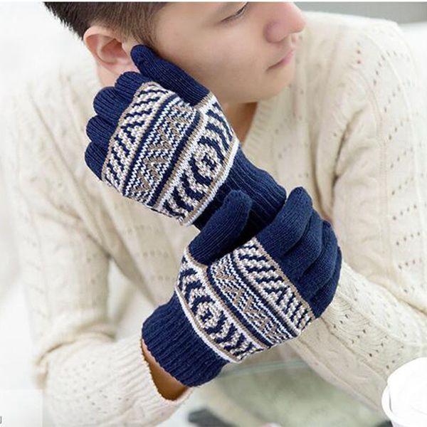 

fashion men' preferred striped knit full finger winter outdoor riding windproof warm gloves b64, Blue;gray